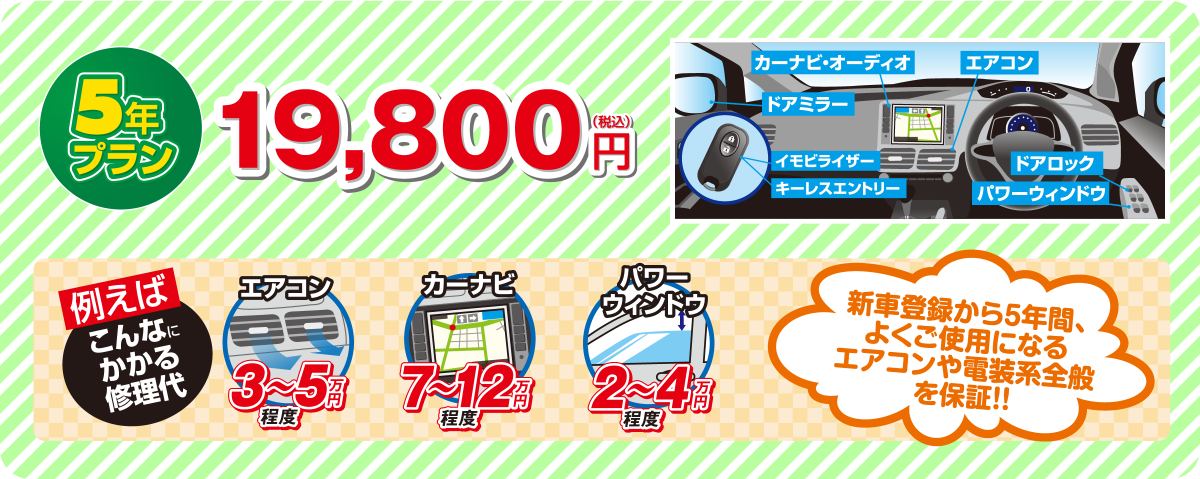 5年プラン19,800円 新車登録から5年間、よくご使用になるエアコンや電装系全般を保証！